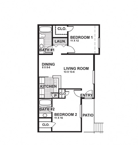 Floor plan for 2 beds, 2 baths, 882 sqft